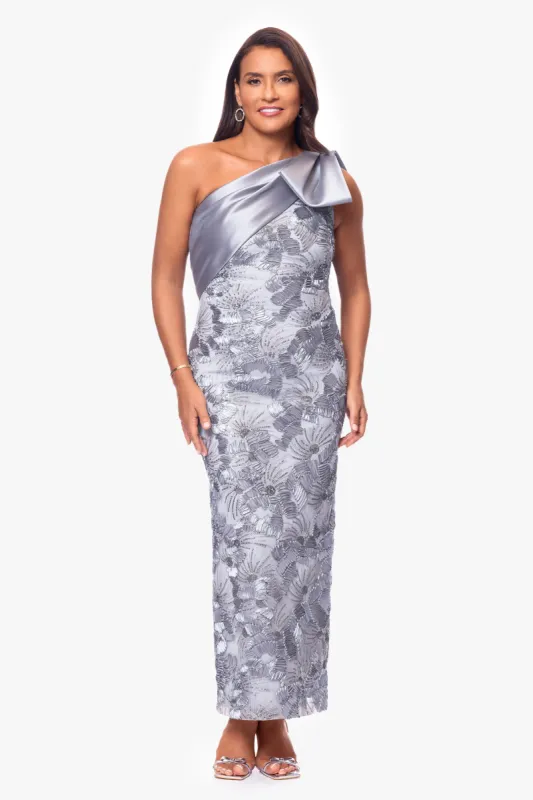 "Mercedes" Soutache and Sequin One Shoulder Bow Floor Length Dress sold by Betsy & Adam