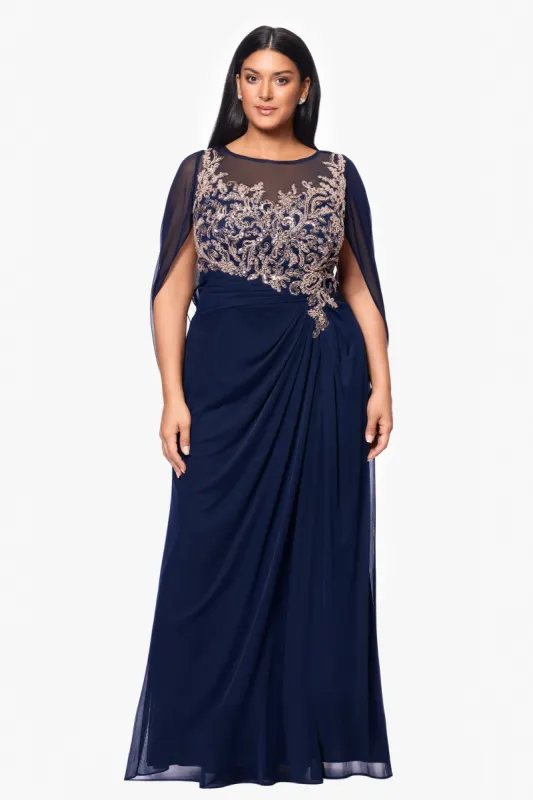 Plus "Willa" Long Sheer Matte Jersey Cape Back Dress With Applique sold by Betsy & Adam
