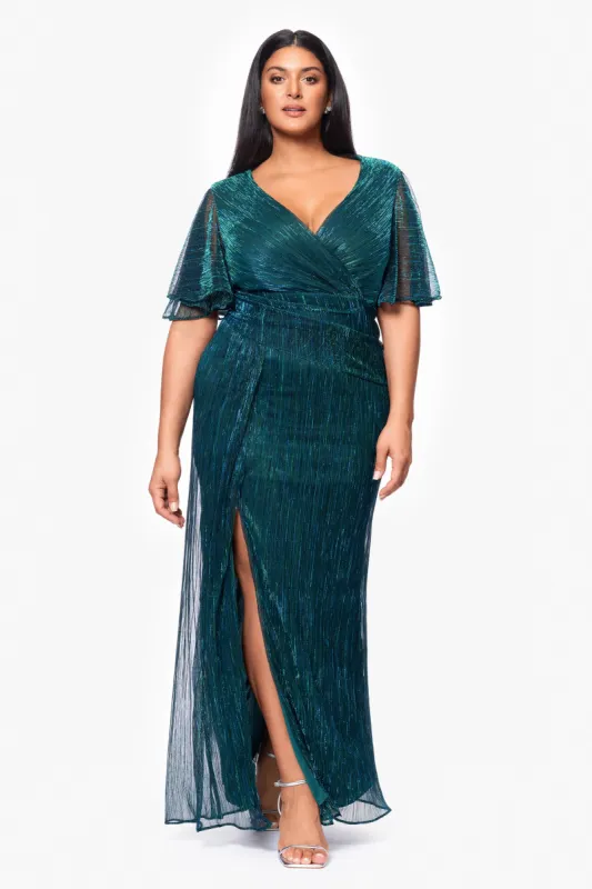 Plus "Kelly" Flutter Sleeve Long Crinkle Metallic Gown sold by Betsy & Adam