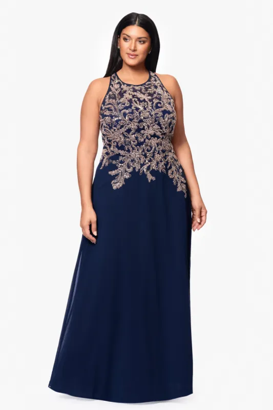 Plus "Katie" Long Chiffon Beaded Halter Dress sold by Betsy & Adam