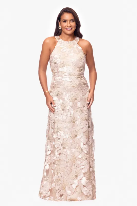 Petite "Fabiana" Halter Neck Soutache and Sequin Floor Length Dress sold by Betsy & Adam