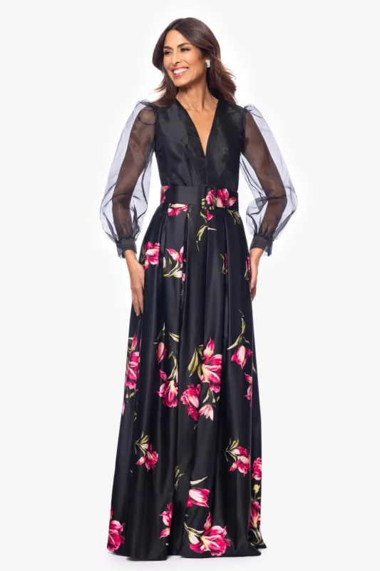 "Coraline" Long Sleeve Satin Print Floor Length Gown sold by Betsy & Adam