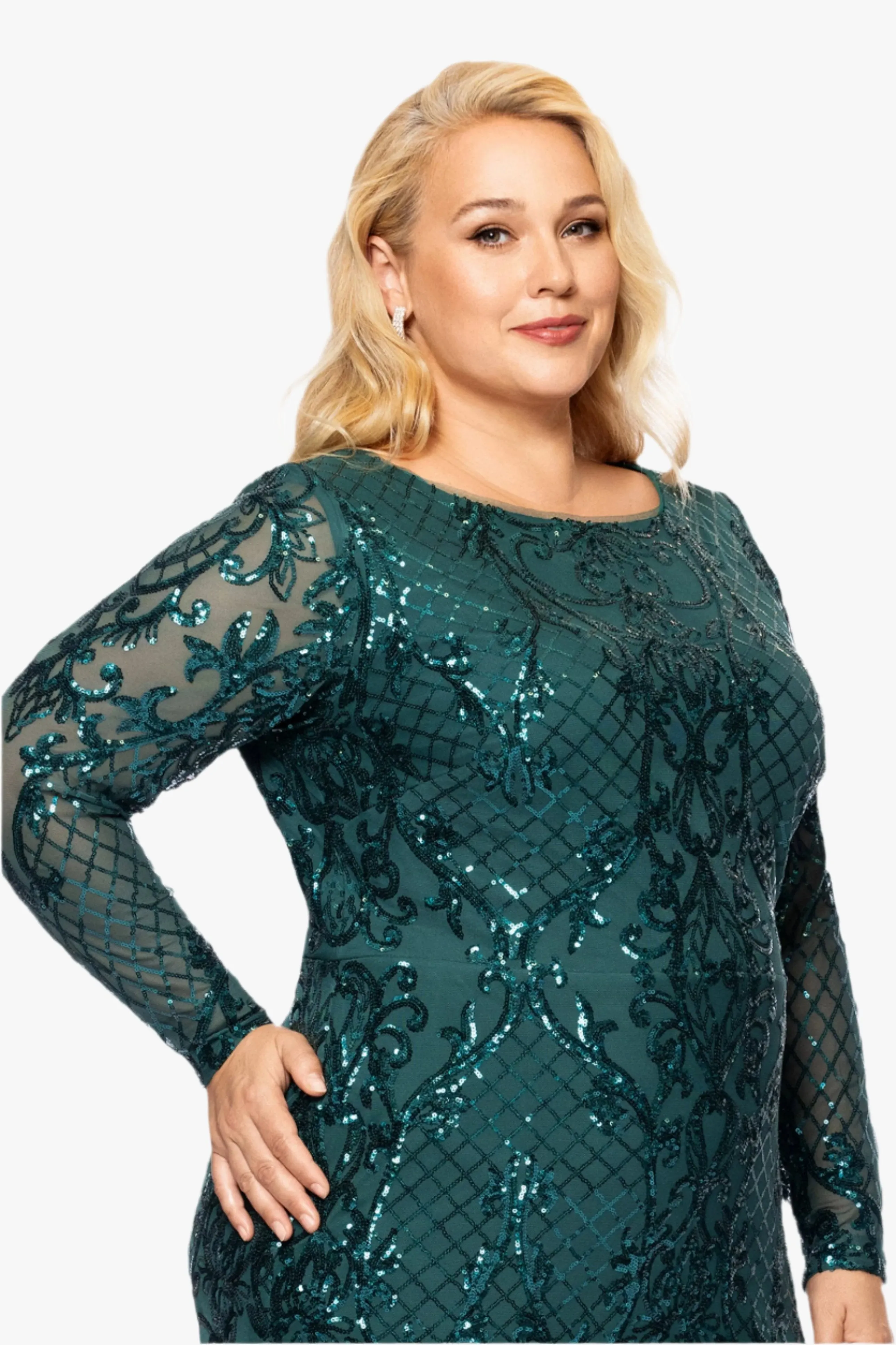 Plus "Nara" Long Sleeve Sequin Placement Gown sold by Betsy & Adam product image thumbnail 2