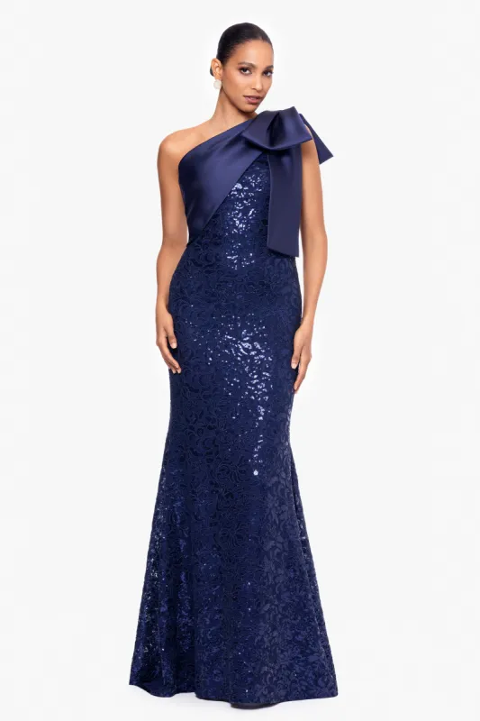 "Marcia" Long Sequin Lace Dress with Satin Bow sold by Betsy & Adam