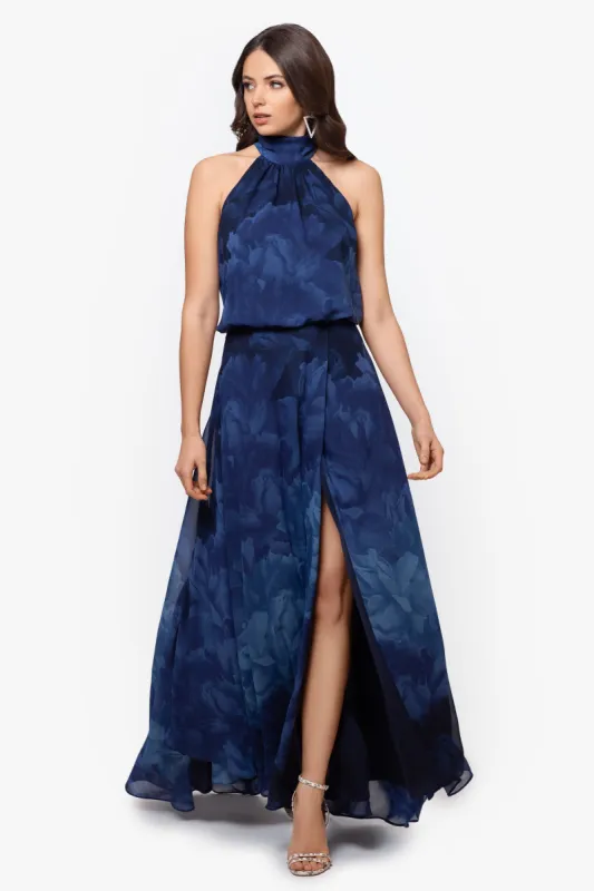 "Tami" Chiffon Print High Halter Neck Gown sold by Betsy & Adam