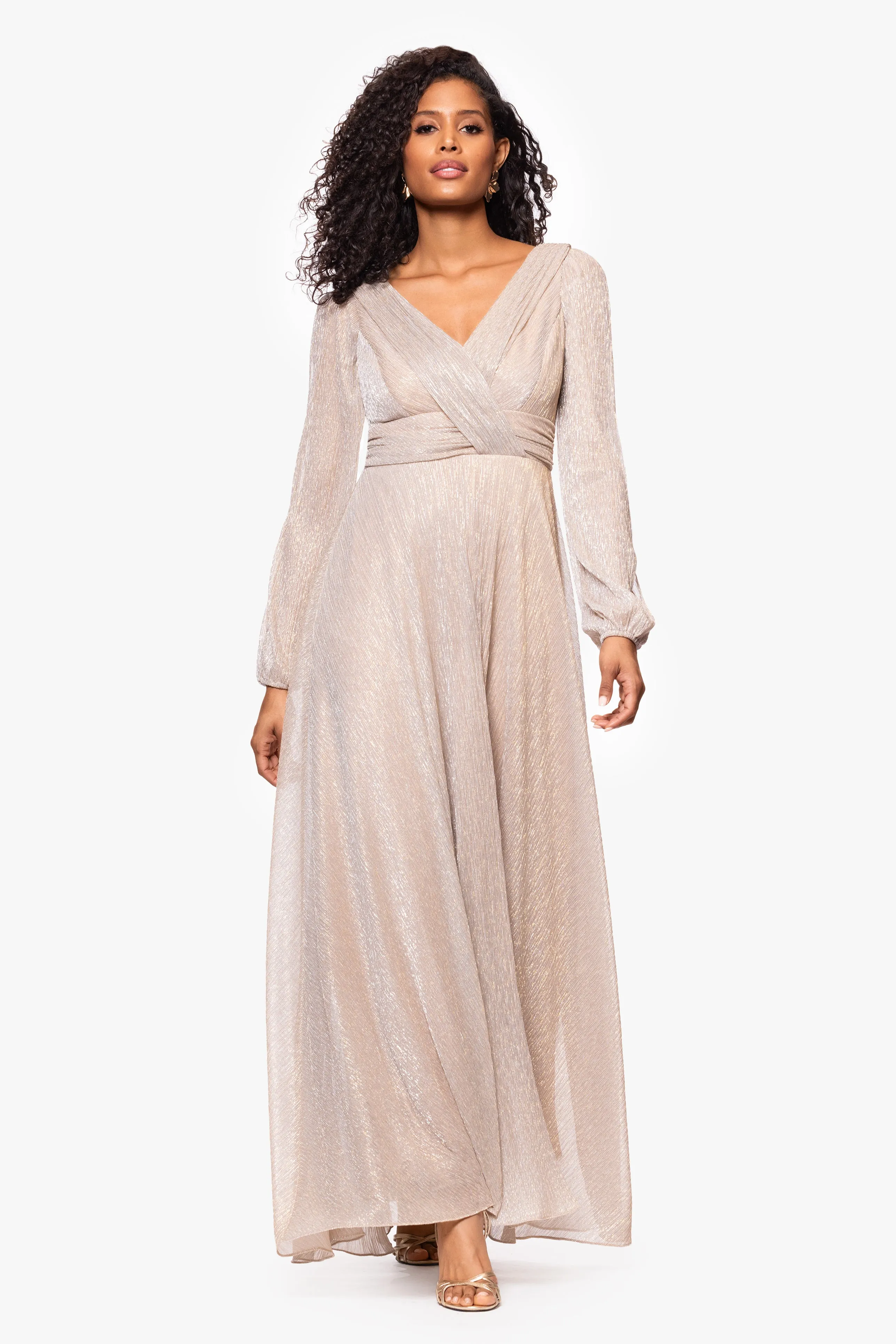 "Cheryl" Long Sleeve V Neck Metallic Knit Floor Length Dress sold by Betsy & Adam