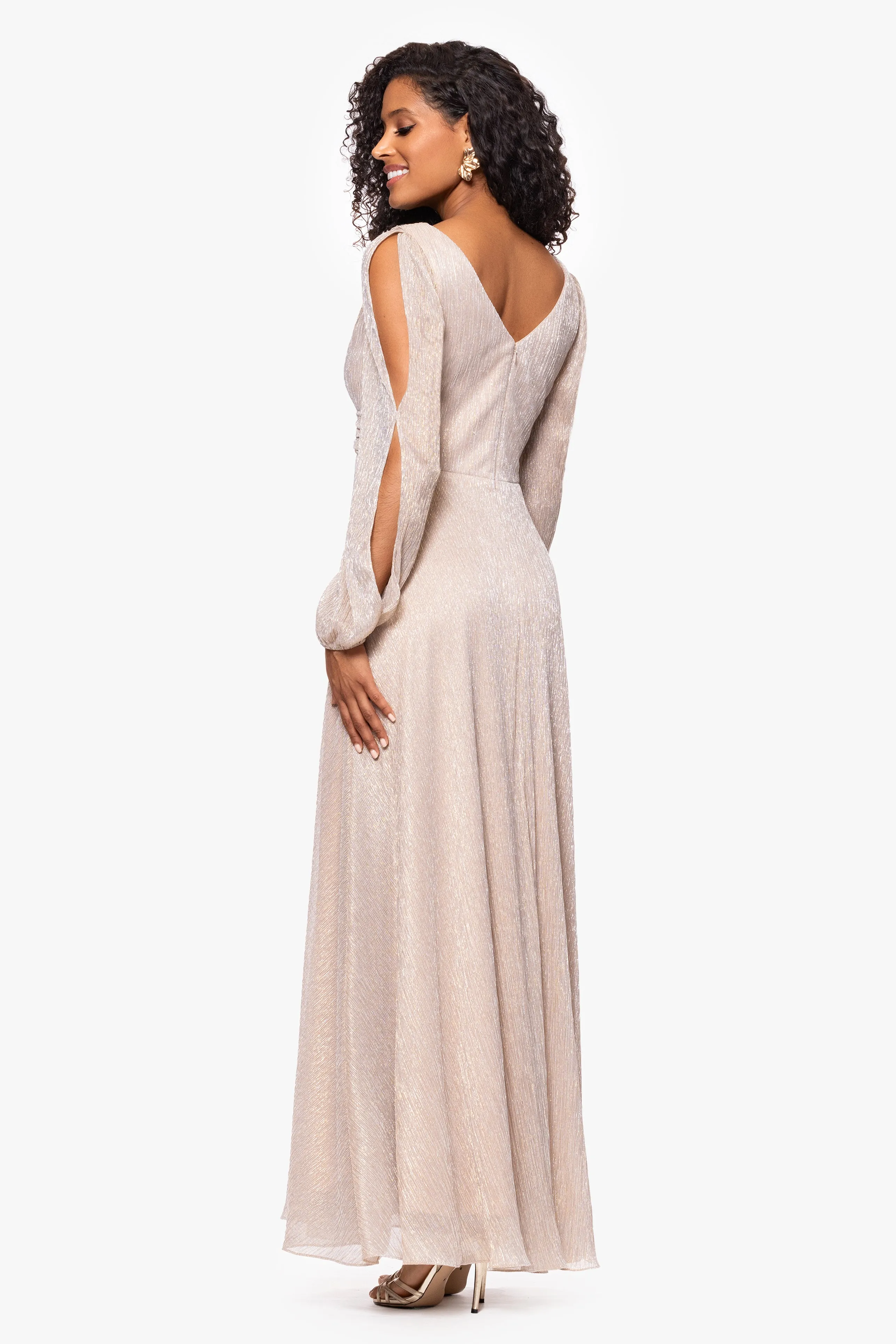 "Cheryl" Long Sleeve V Neck Metallic Knit Floor Length Dress sold by Betsy & Adam product image thumbnail 3
