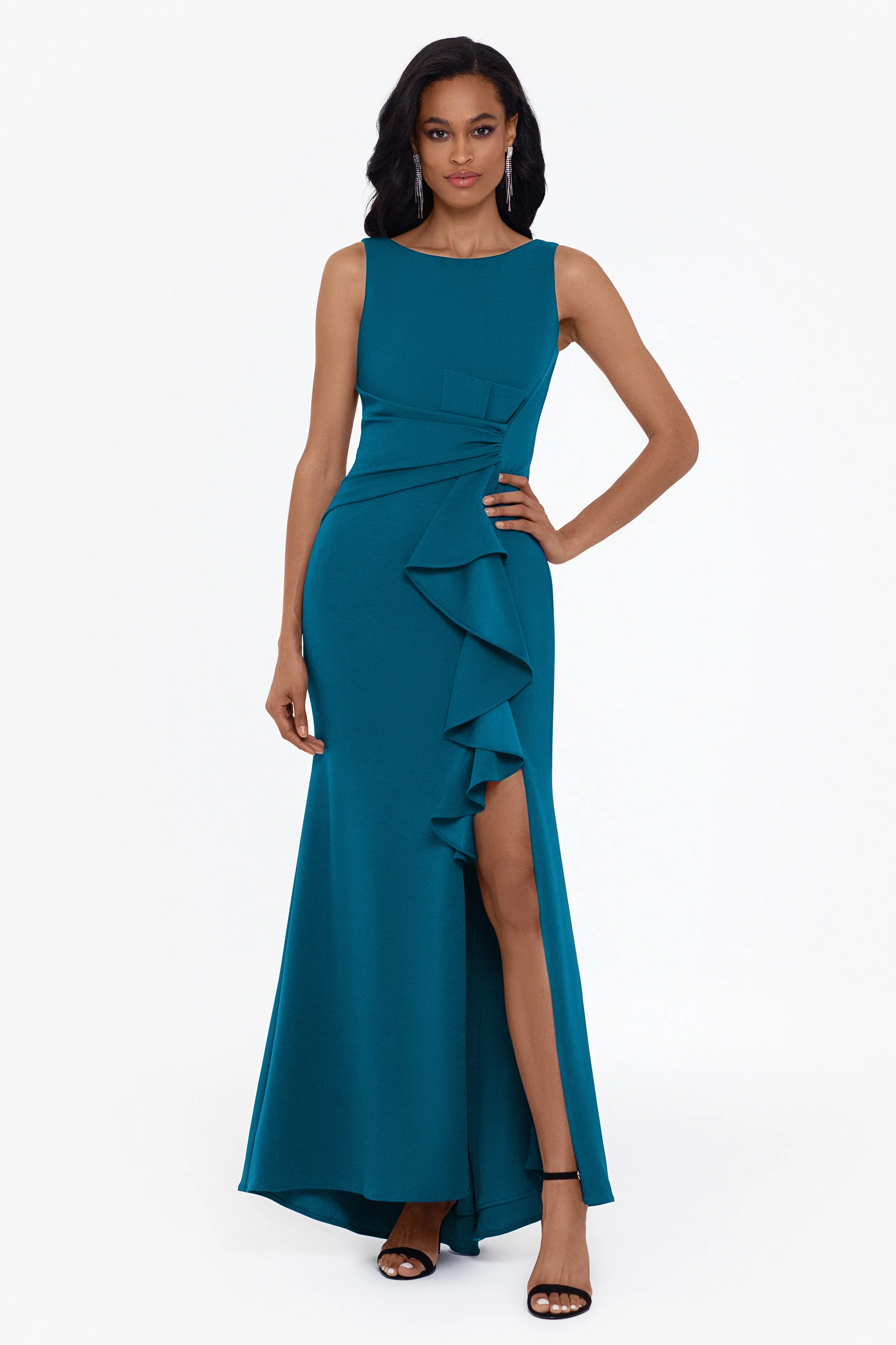Petite "Christine" Scuba Crepe Ruffled Bow Gown sold by Betsy & Adam