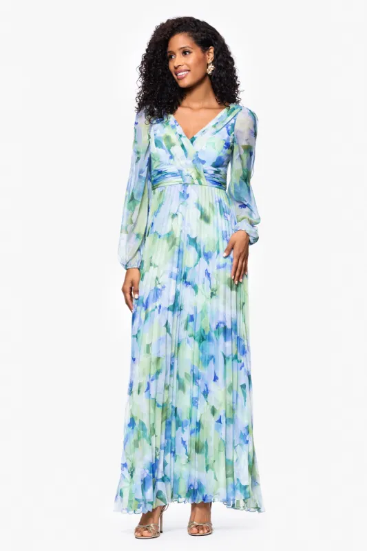 "Dara" Long Sleeve Chiffon Print Floor Length Dress sold by Betsy & Adam