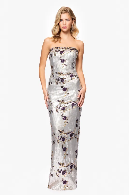 “Mallory” Strapless Floral Sequin Floor Length Dress sold by Betsy & Adam
