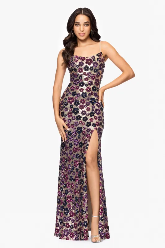 "Miley" Long Floral Sequin Spaghetti Strap Floor Length Dress sold by Betsy & Adam