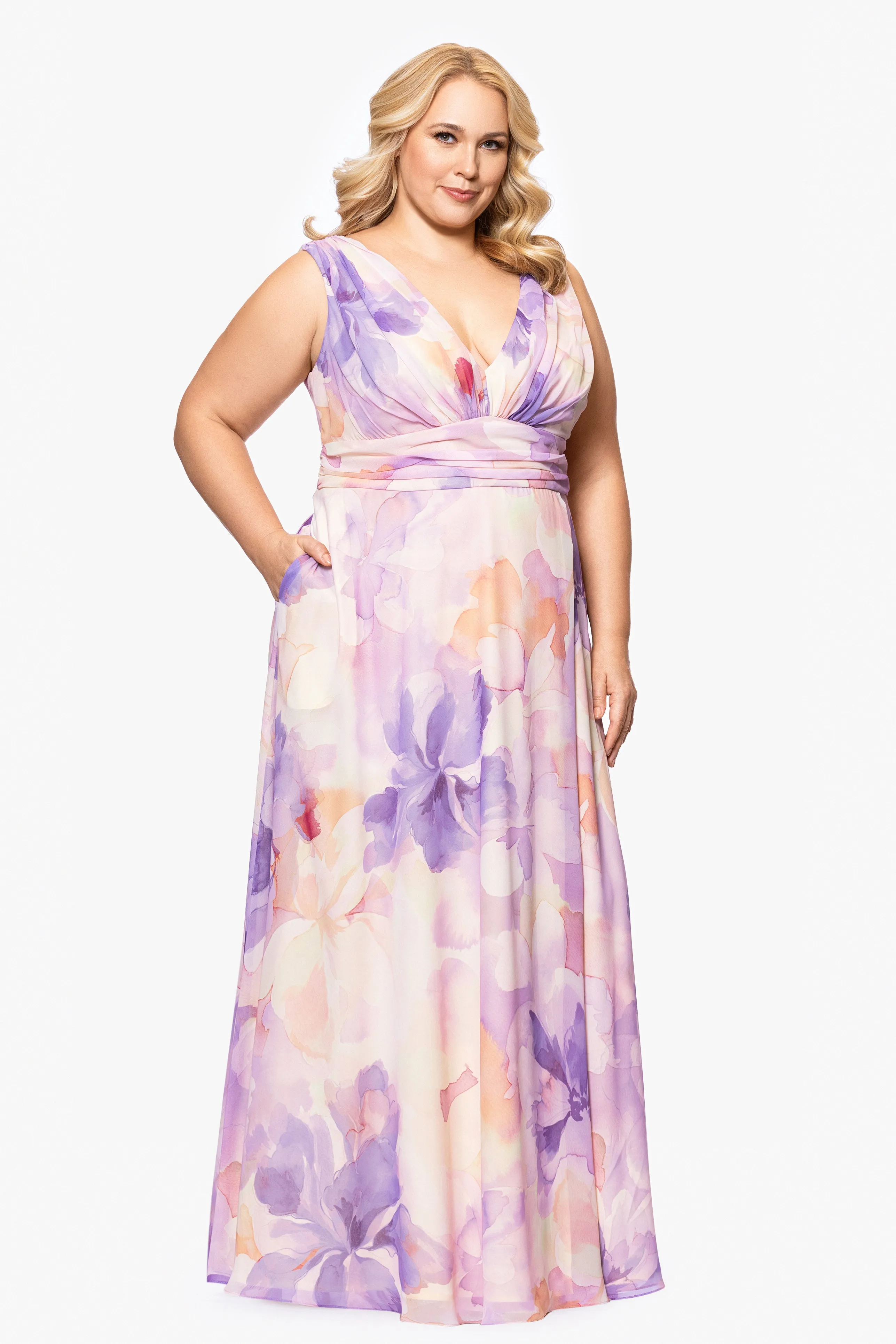 Plus "Kyla" Sleeveless V-Neck Floral Floor Length Chiffon Dress sold by Betsy & Adam product image thumbnail 4