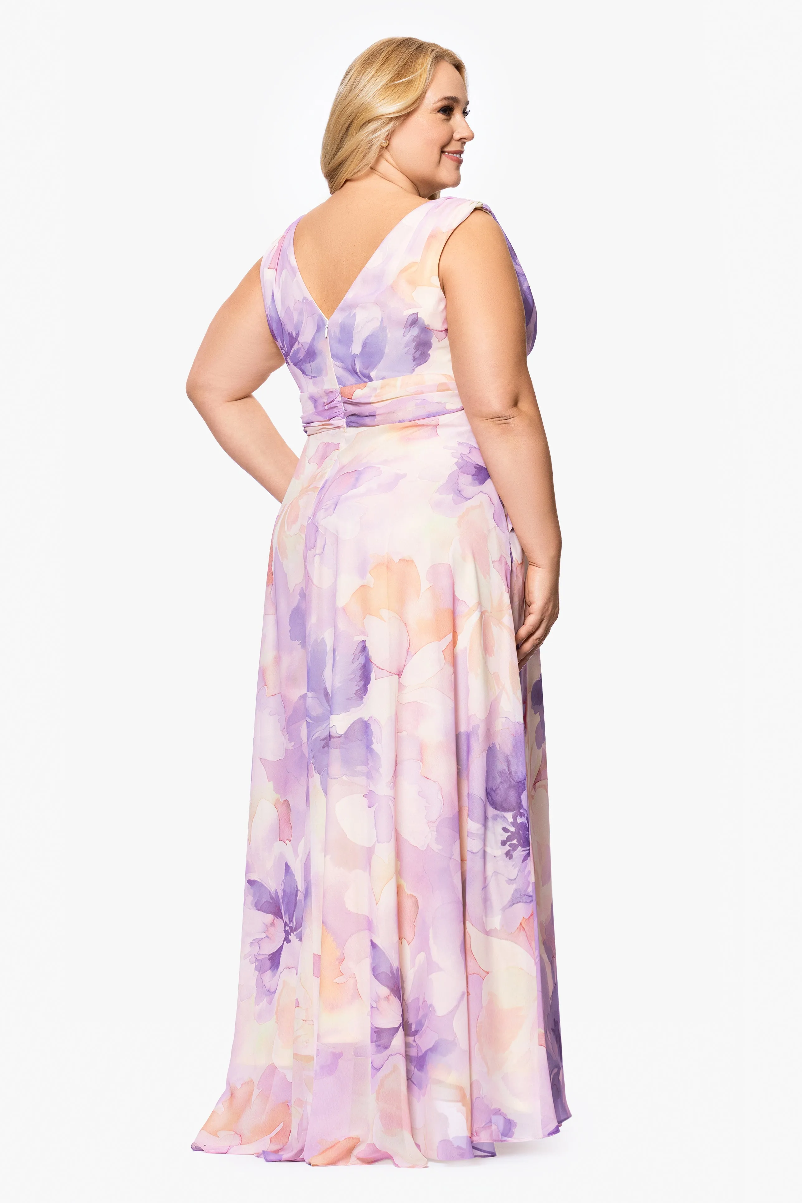 Plus "Kyla" Sleeveless V-Neck Floral Floor Length Chiffon Dress sold by Betsy & Adam product image thumbnail 3