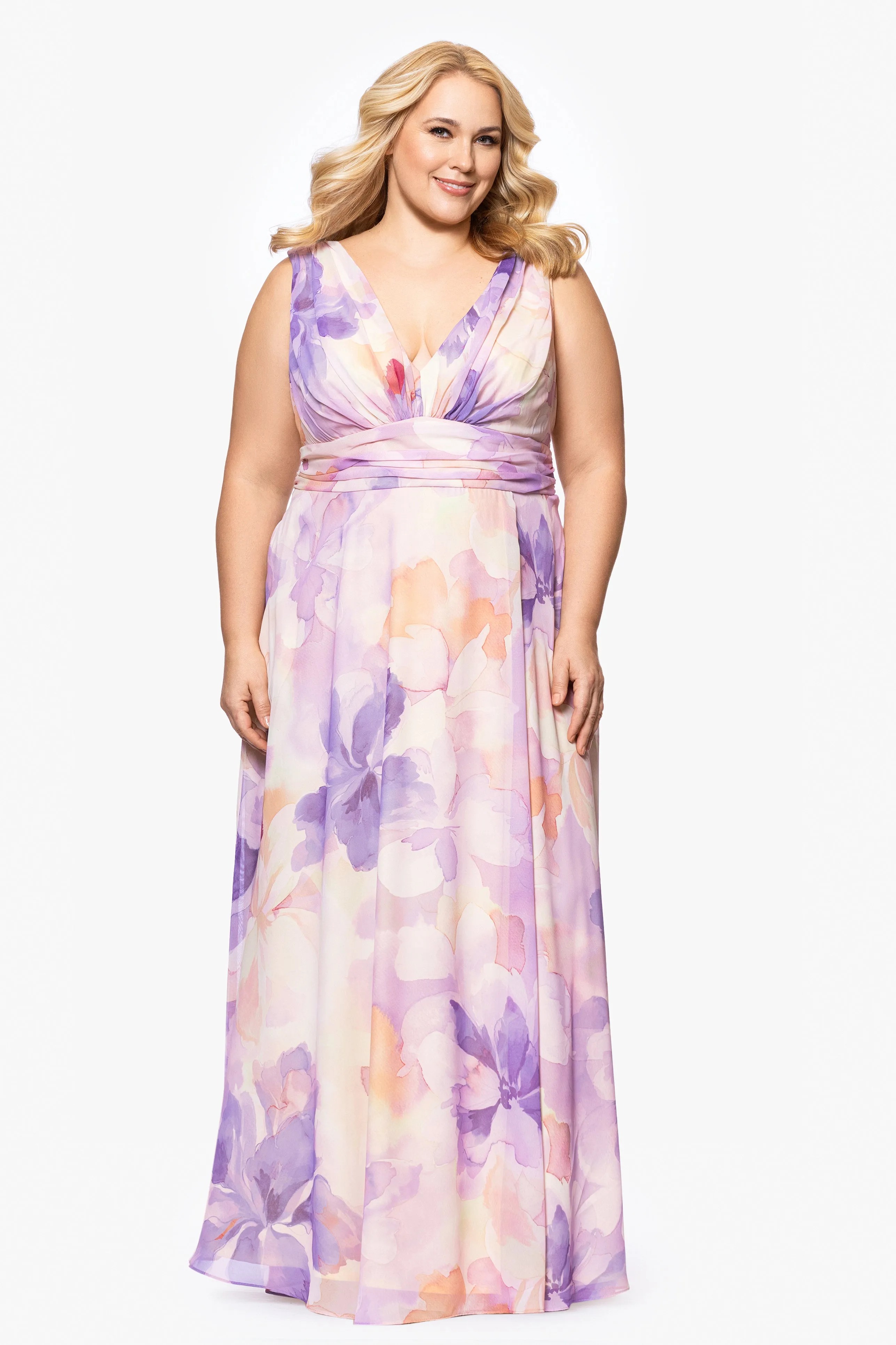 Plus "Kyla" Sleeveless V-Neck Floral Floor Length Chiffon Dress sold by Betsy & Adam