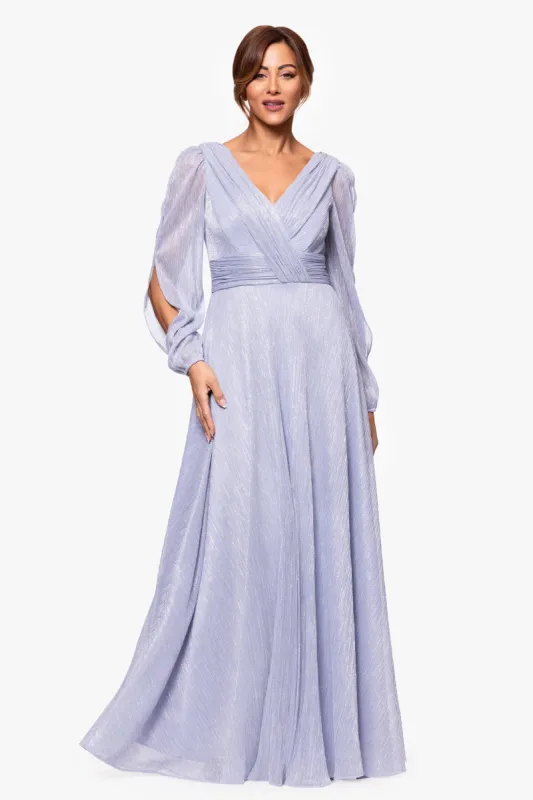 "Cheryl" Long Sleeve V Neck Metallic Knit Floor Length Dress sold by Betsy & Adam