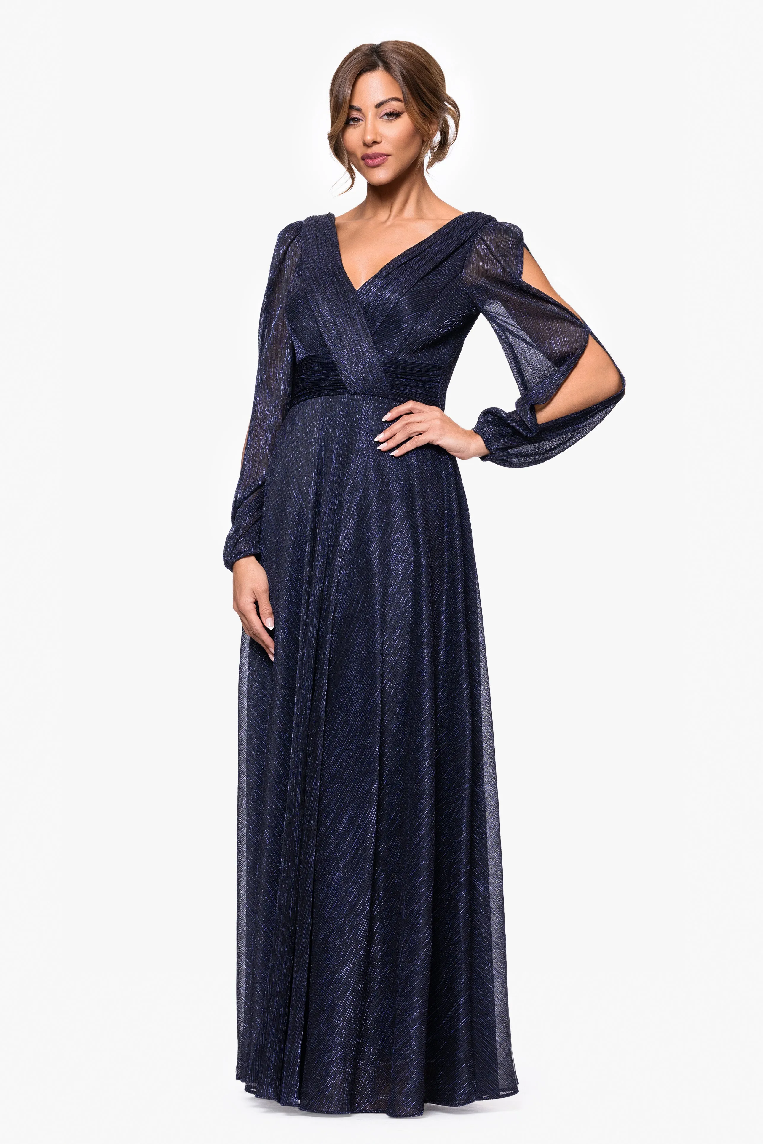 "Cheryl" Long Sleeve V Neck Metallic Knit Floor Length Dress sold by Betsy & Adam product image thumbnail 3