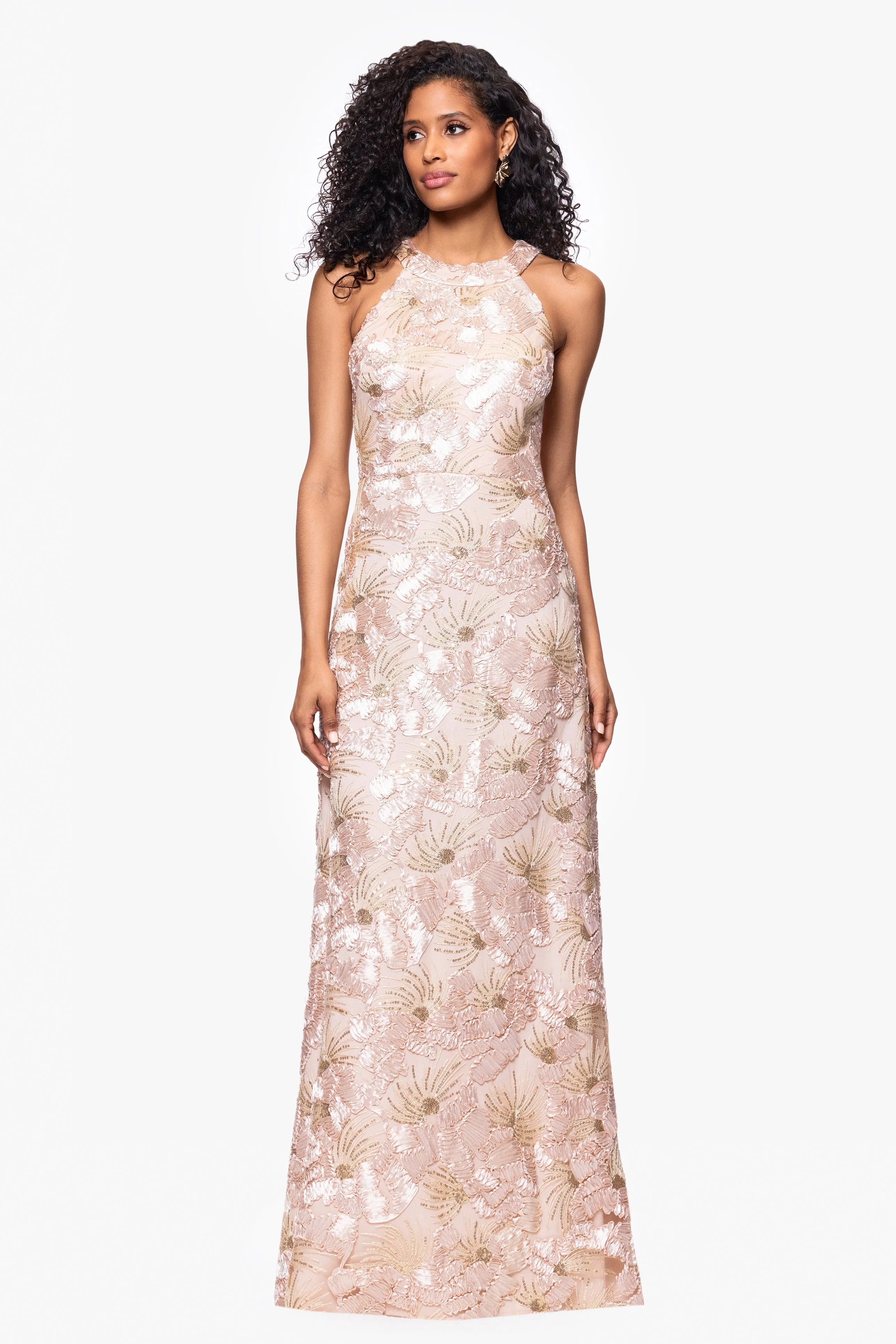 "Fabiana" Halter Neck Soutache and Sequin Floor Length Dress sold by Betsy & Adam
