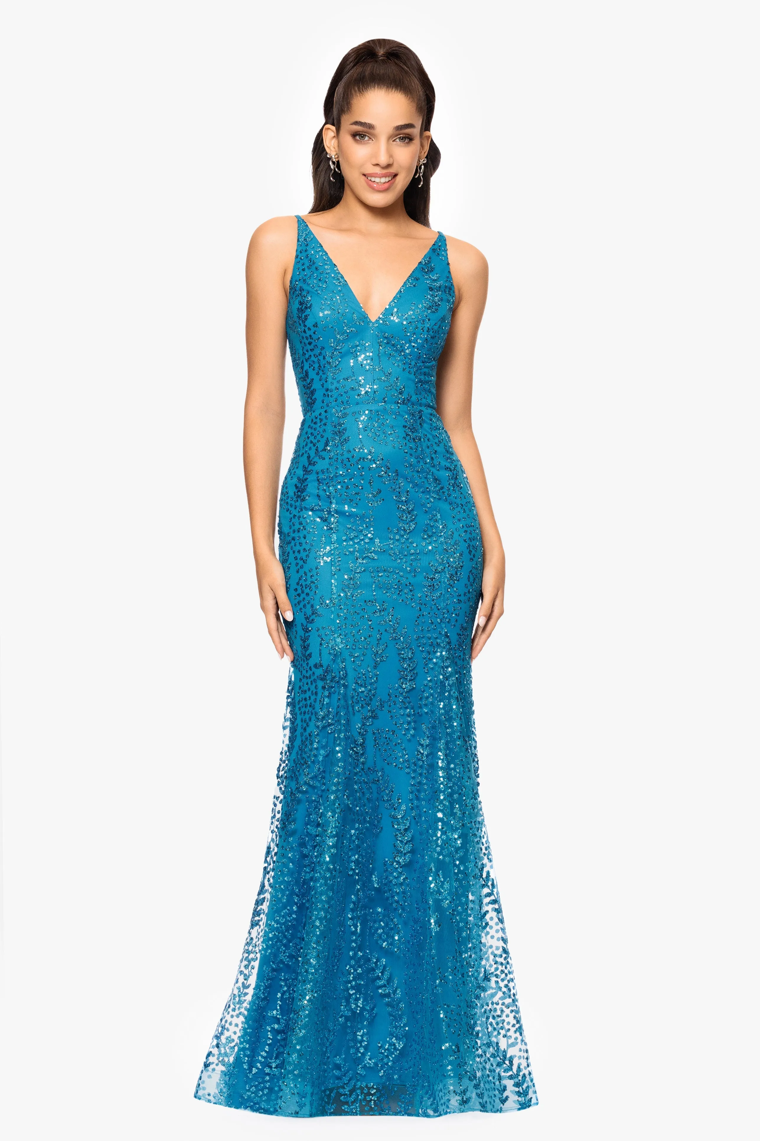 "Jocelyn" Long Glitter Mesh V-Neck Dress sold by Betsy & Adam
