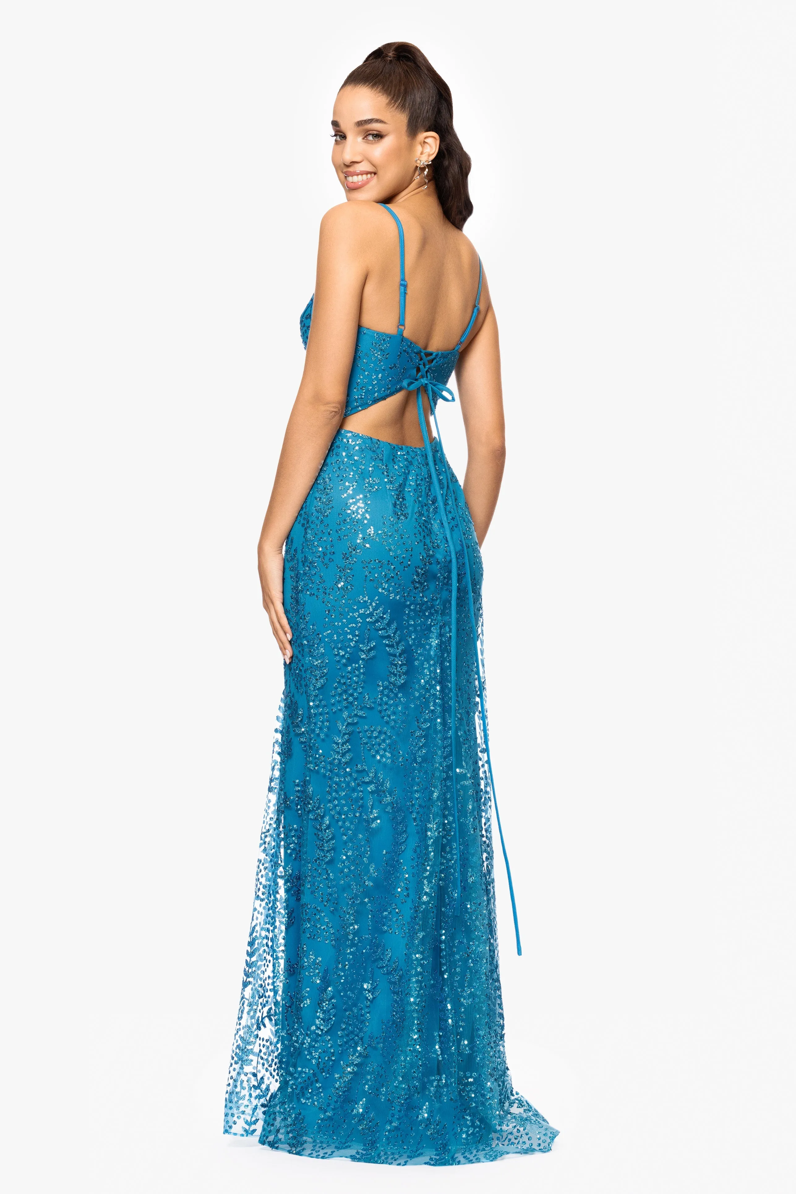 "Jocelyn" Long Glitter Mesh V-Neck Dress sold by Betsy & Adam product image thumbnail 3