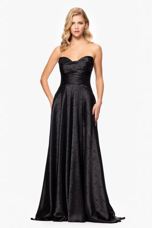 Blondie Nites "Raquel" Long Strapless Jacquard Gown sold by Betsy & Adam