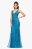 "Jocelyn" Long Glitter Mesh V-Neck Dress sold by Betsy & Adam
