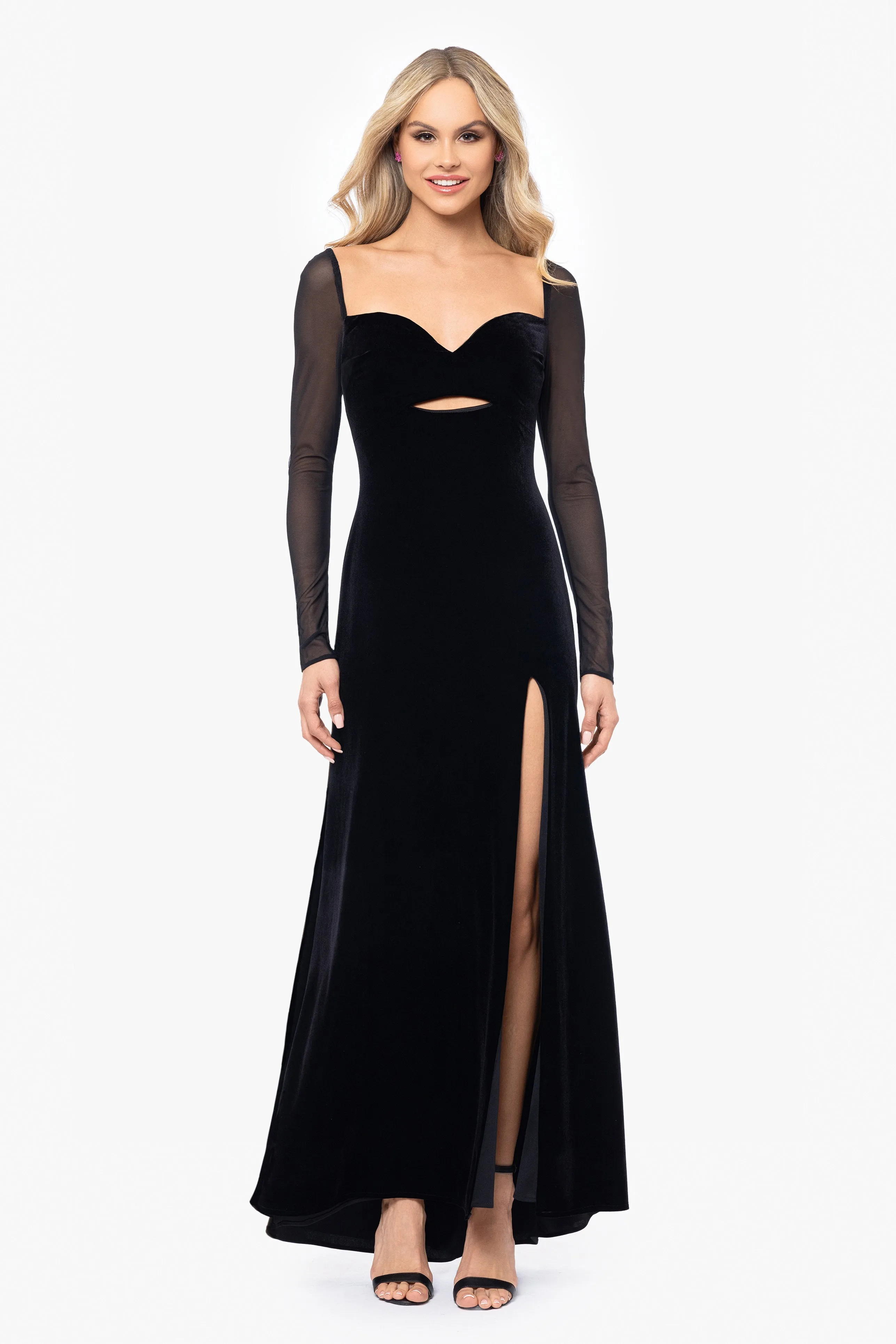 Blondie Nites "Valerie" Sheer Long Sleeve Floor Length Velvet Dress sold by Betsy & Adam