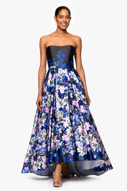 "Abbey" Satin Print High Low Ballgown sold by Betsy & Adam
