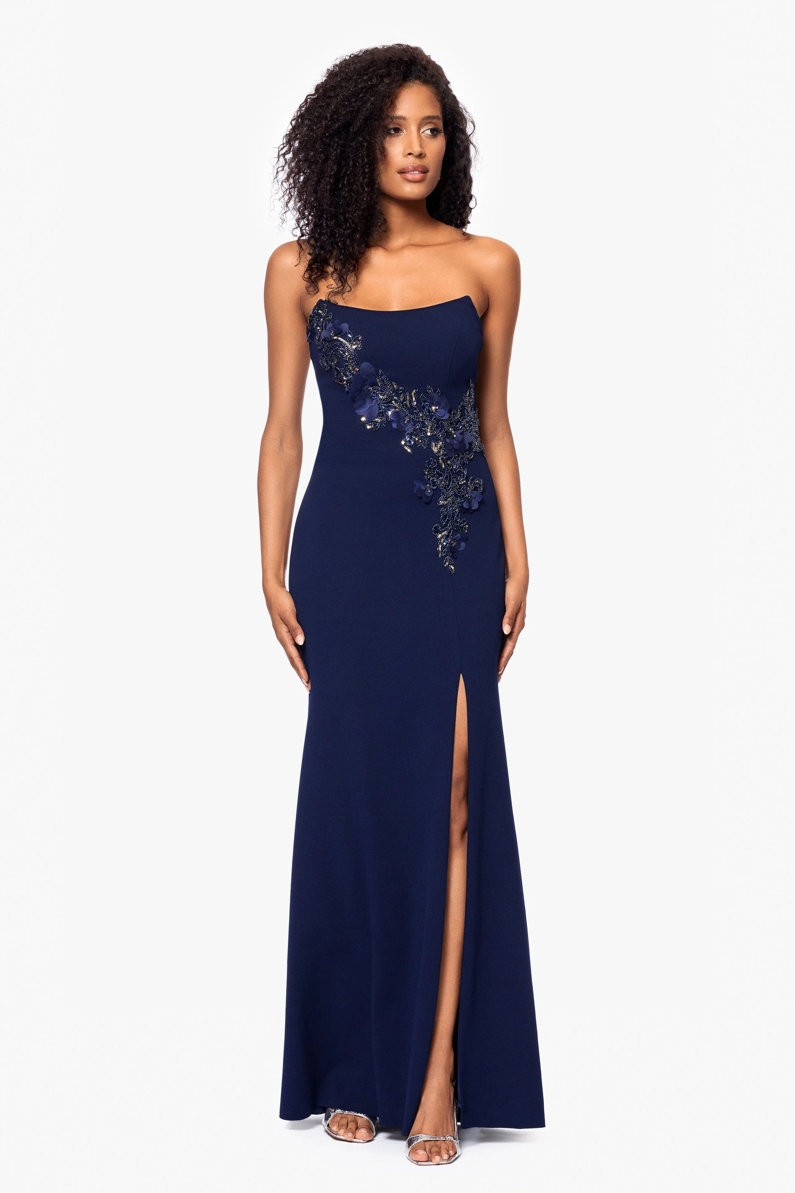 "Tara" Scuba Crepe Beaded Organza Floor Floor Length Dress sold by Betsy & Adam