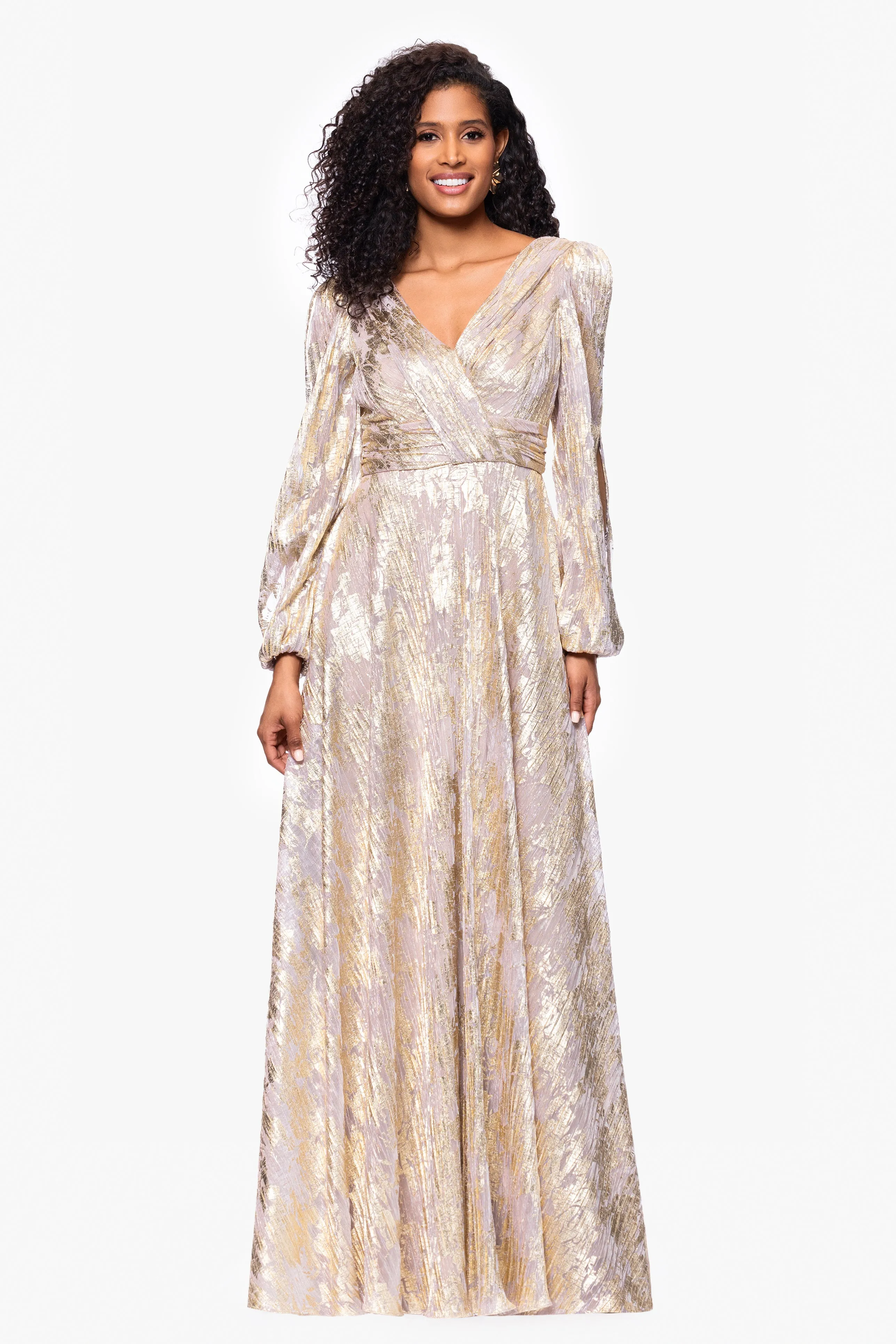 "Marla" Long Sleeve V Neck Metallic Knit Floor Length Dress sold by Betsy & Adam