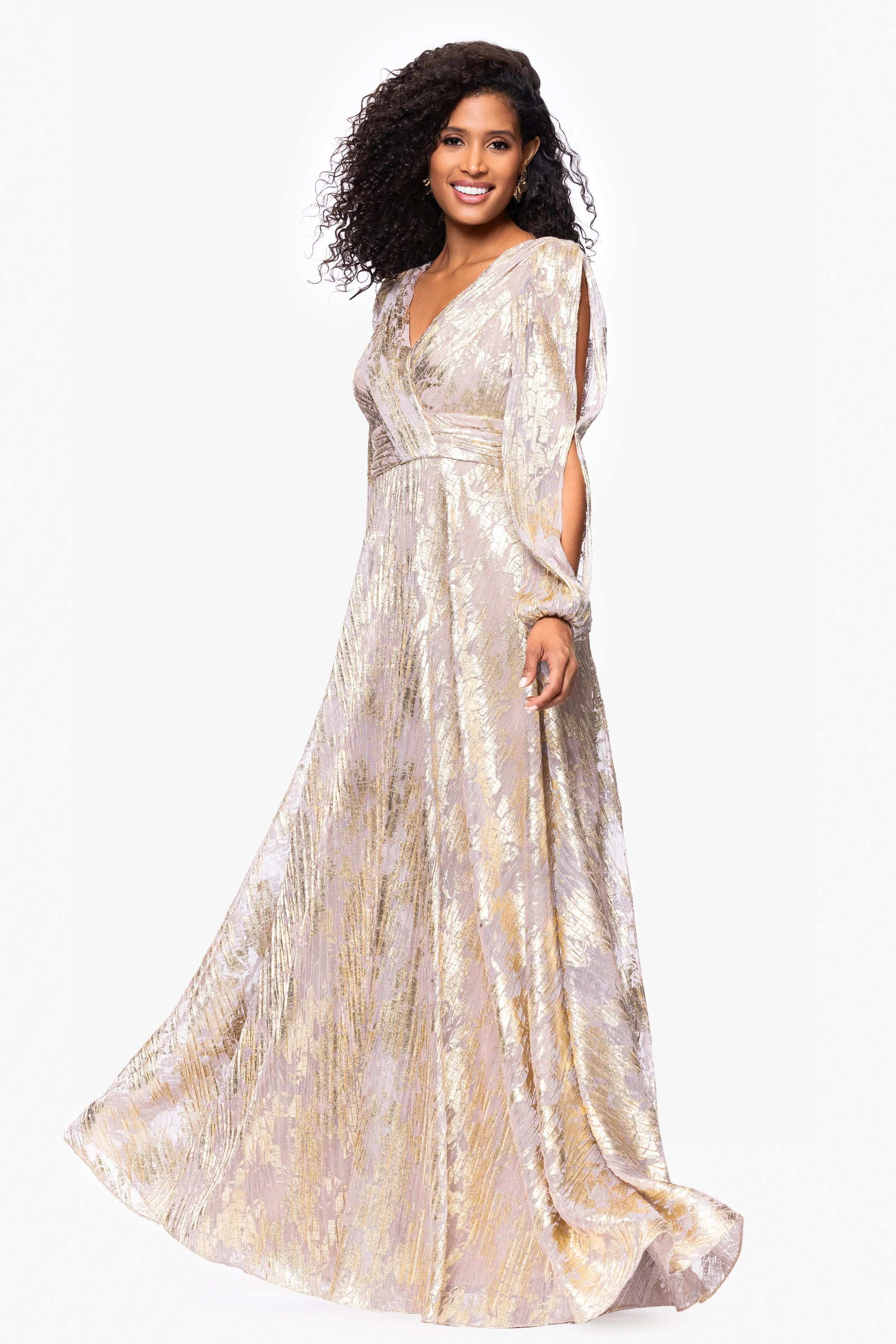 "Marla" Long Sleeve V Neck Metallic Knit Floor Length Dress sold by Betsy & Adam product image thumbnail 4