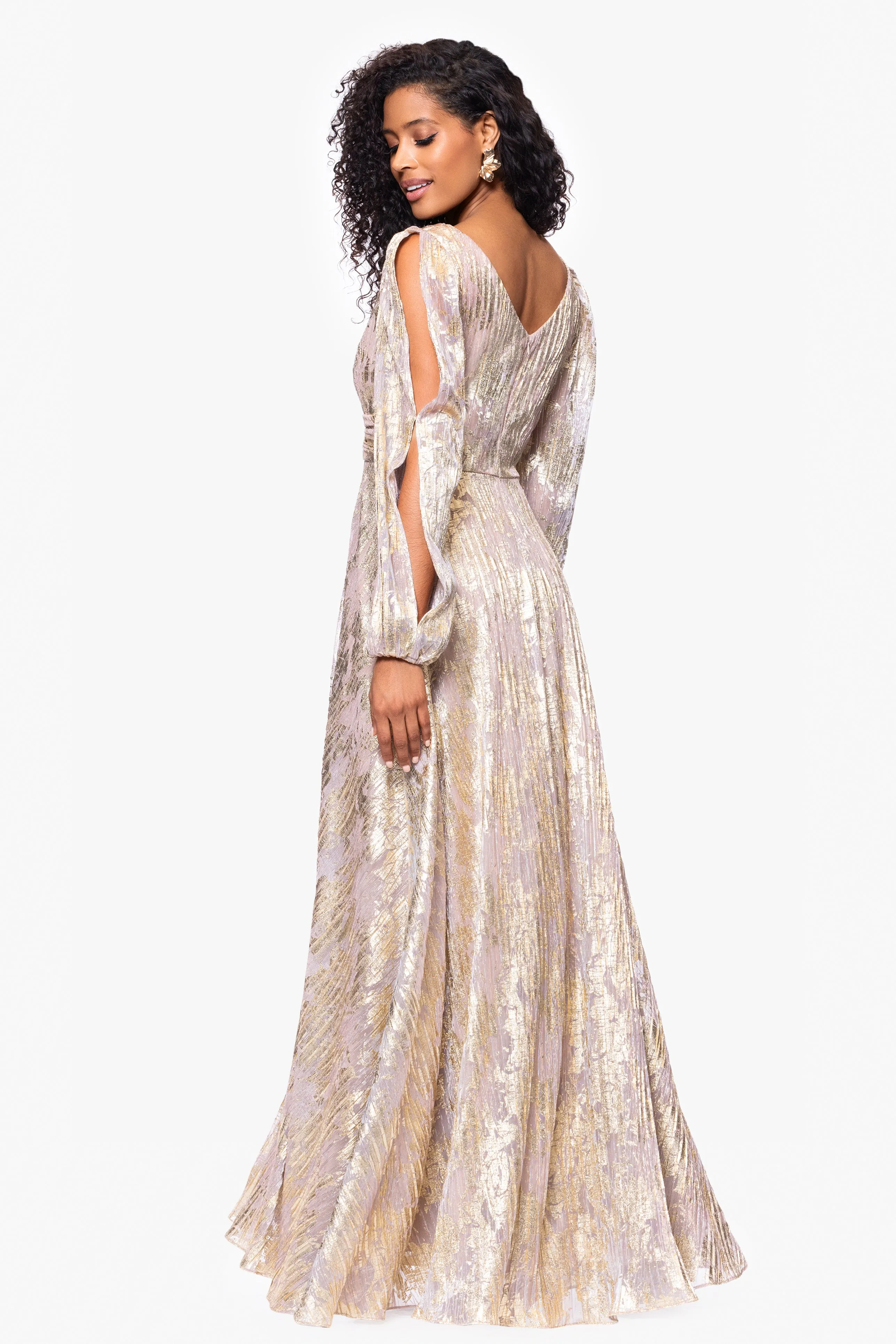 "Marla" Long Sleeve V Neck Metallic Knit Floor Length Dress sold by Betsy & Adam product image thumbnail 3