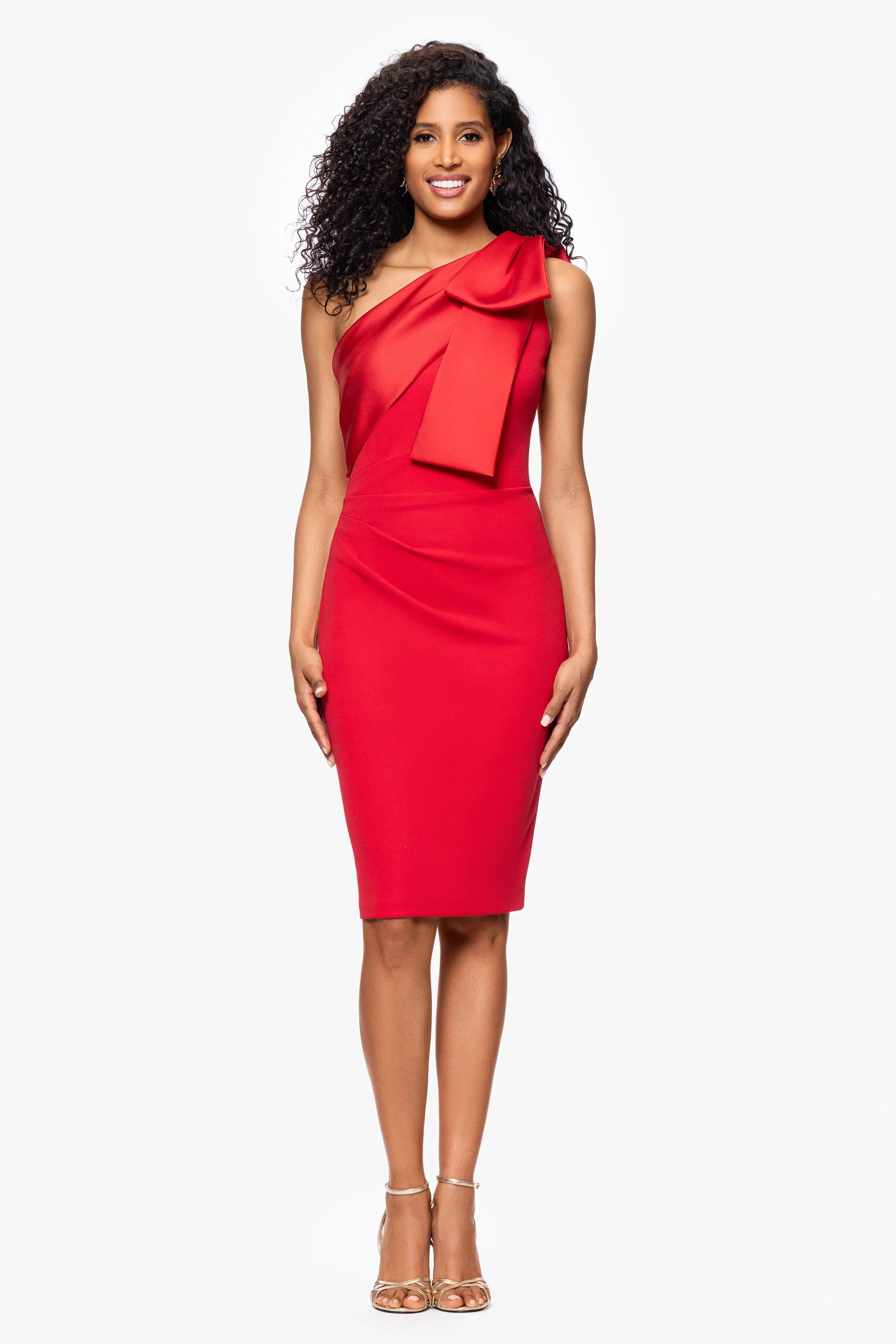 "Caroline" Scuba Crepe One Shoulder Satin Bow Knee Length Dress sold by Betsy & Adam