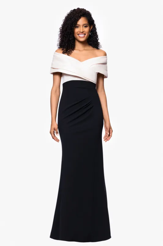 "Yasmeen" Long Off The Shoulder Scuba Crepe Gown sold by Betsy & Adam