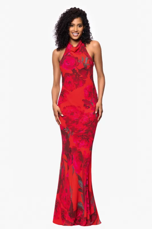 "Carly" Floral Chiffon Halter Tie Neck Floor Length Dress sold by Betsy & Adam