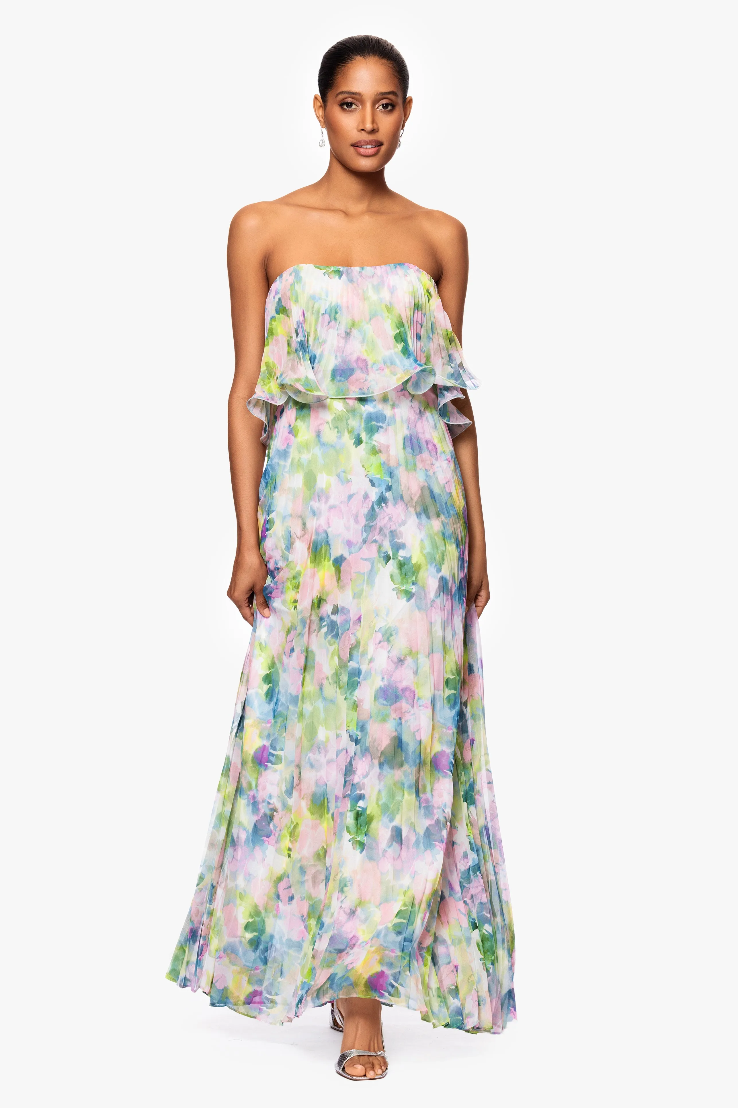 "Enid" Strapless Print Chiffon Pleated Floor Length Dress sold by Betsy & Adam