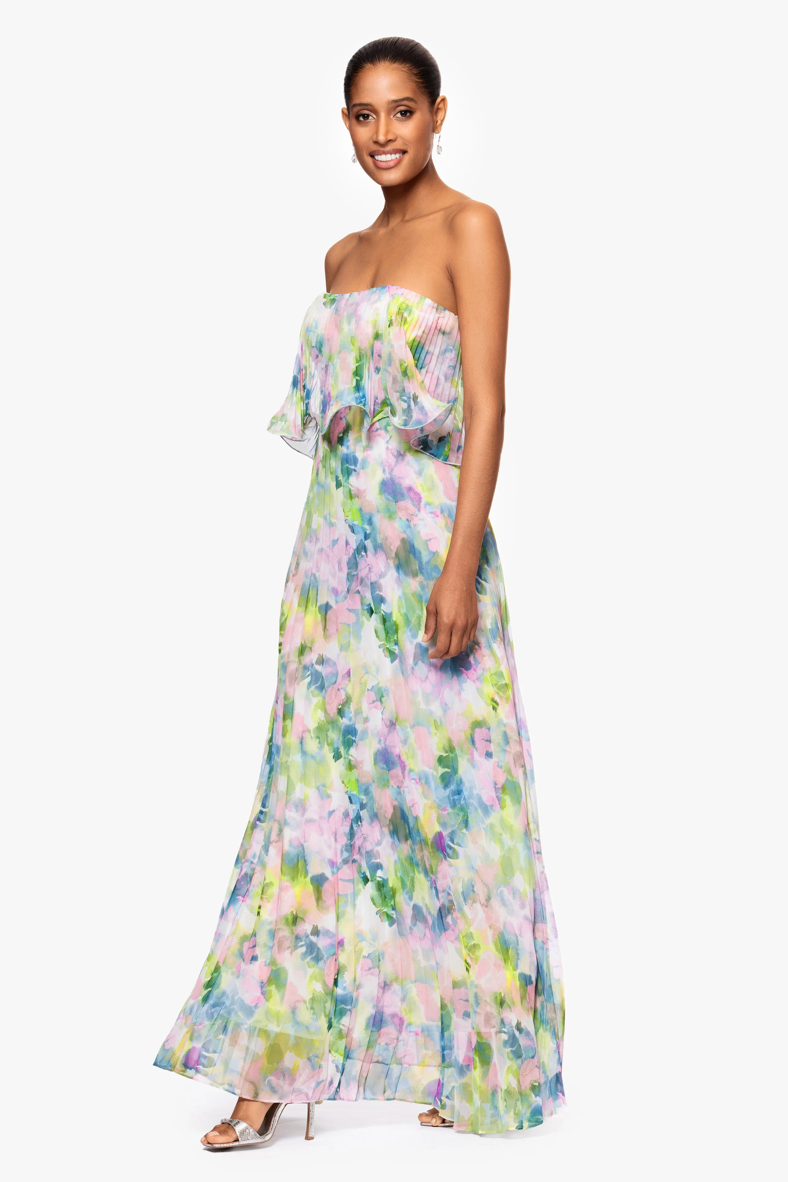 "Enid" Strapless Print Chiffon Pleated Floor Length Dress sold by Betsy & Adam product image thumbnail 4