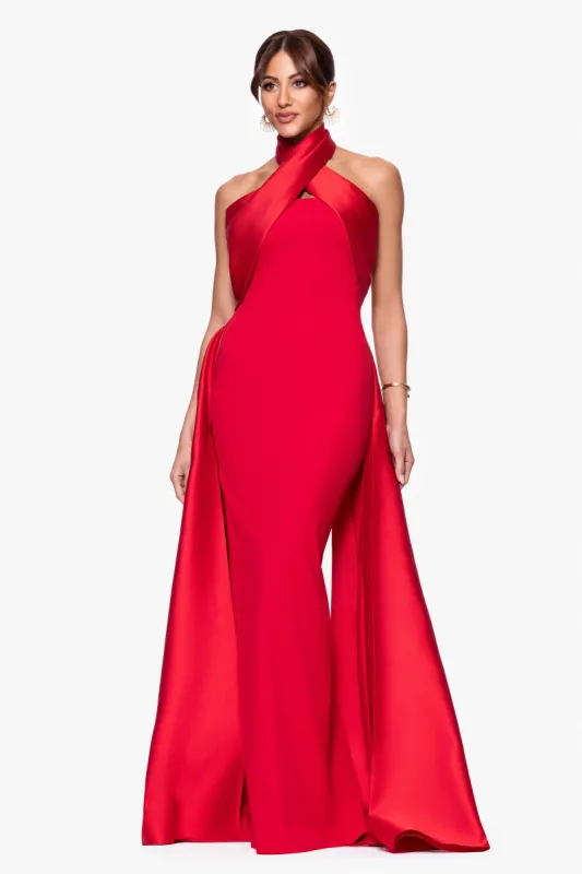 "Dina" Scuba Crepe Twist Halter Neck Floor Length Gown sold by Betsy & Adam