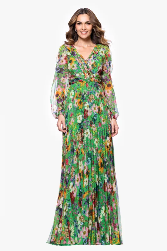 Petite "Katarina" Chiffon Print Long Sleeve Floor Length Dress sold by Betsy & Adam