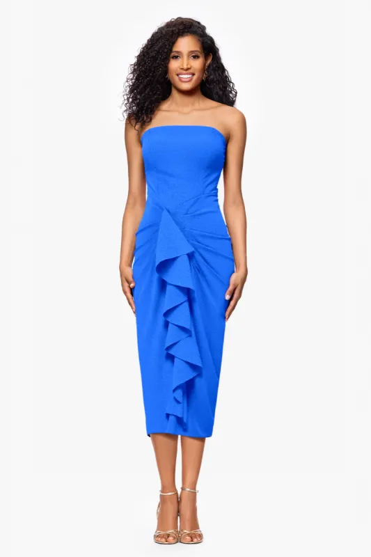 "Clover" Scuba Crepe Strapless Ruffle Midi Dress sold by Betsy & Adam