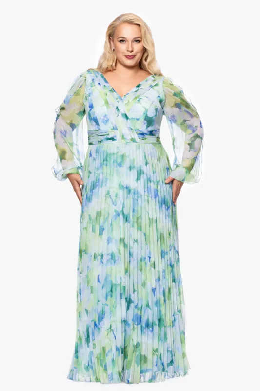 Plus "Dara" Long Sleeve Chiffon Print Floor Length Dress sold by Betsy & Adam