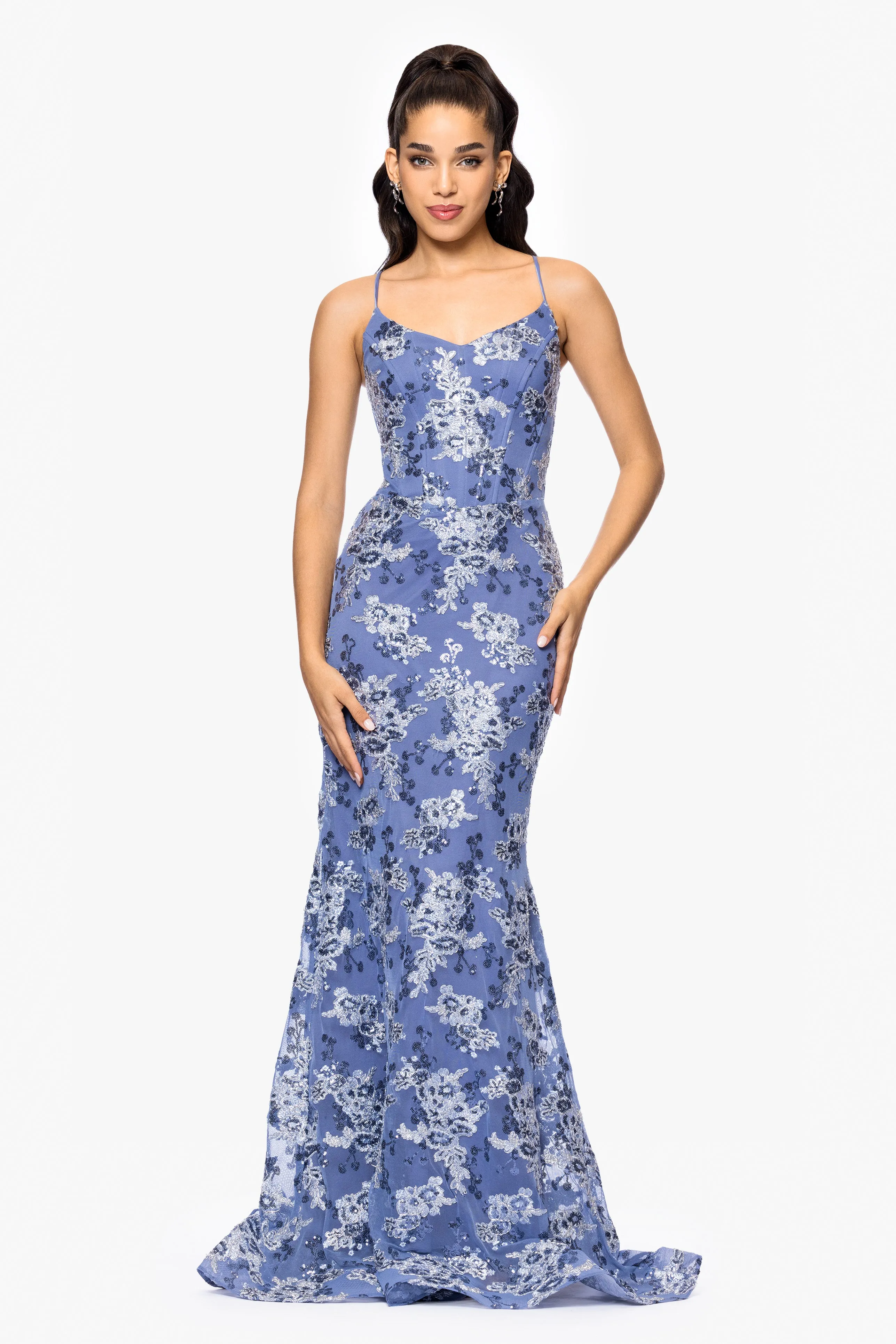 "Kylie" Embroidered Tieback Floor Length Dress sold by Betsy & Adam