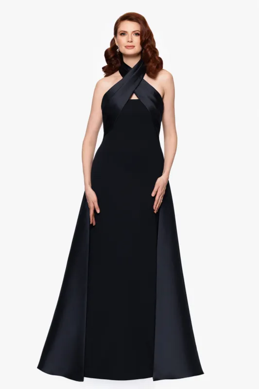 "Dina" Scuba Crepe Twist Halter Neck Floor Length Gown sold by Betsy & Adam
