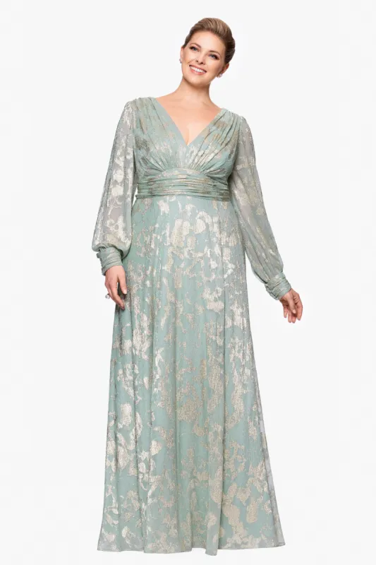 Plus "Melanie" Foil Knit V-Neck Long Sleeve Floor Length Dress sold by Betsy & Adam