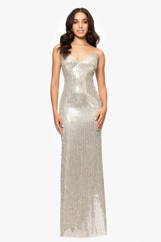 "Erin" Sequin Tieback Floor Length Dress sold by Betsy & Adam