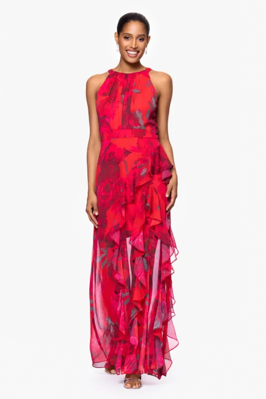 "Ginny" Chiffon Print Floor Length Ruffle Dress sold by Betsy & Adam
