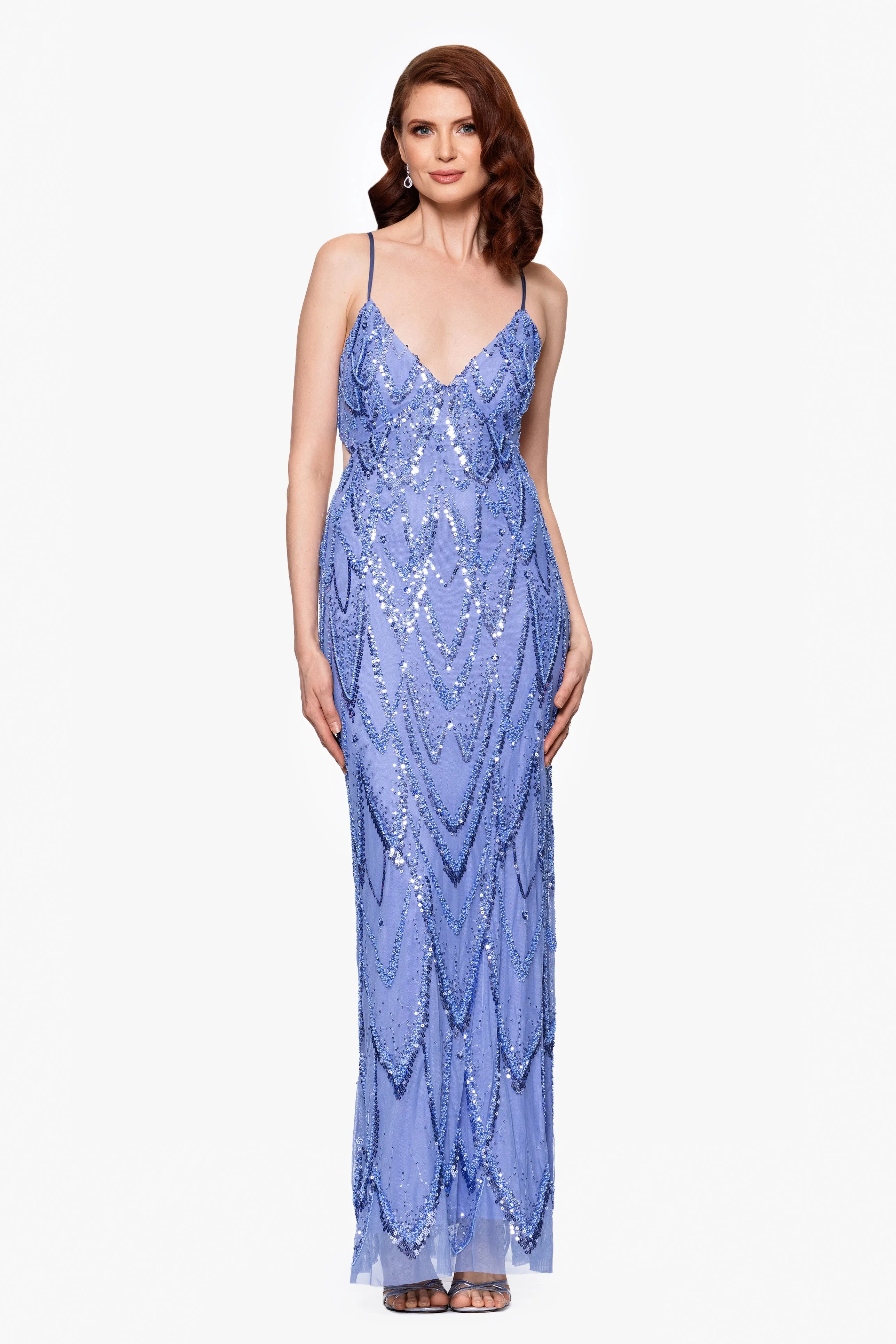 "Joelle" Long Beaded Sequin V-Neck Dress sold by Betsy & Adam