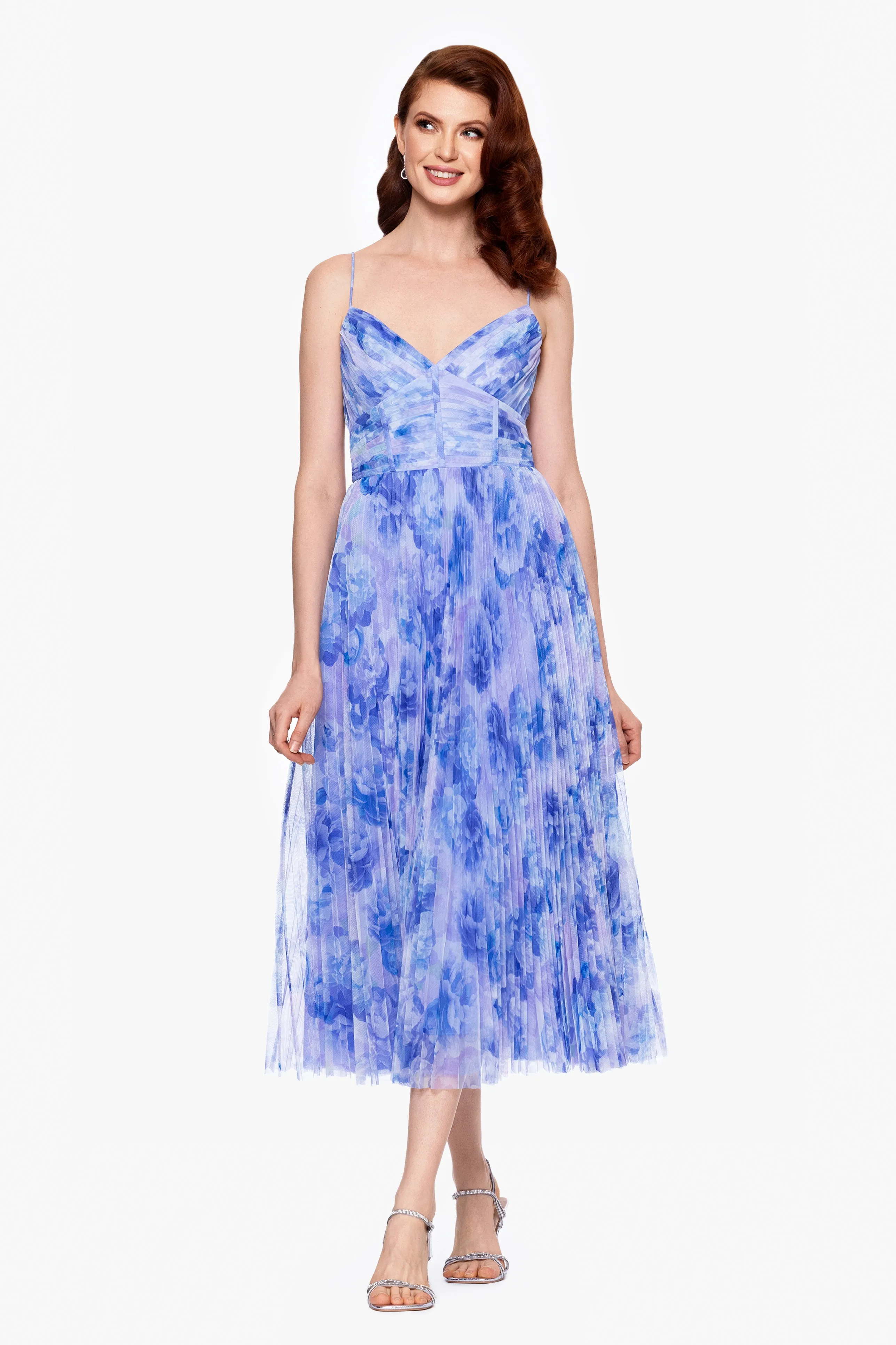"Meadow" Tulle Print Pleated Midi Dress sold by Betsy & Adam