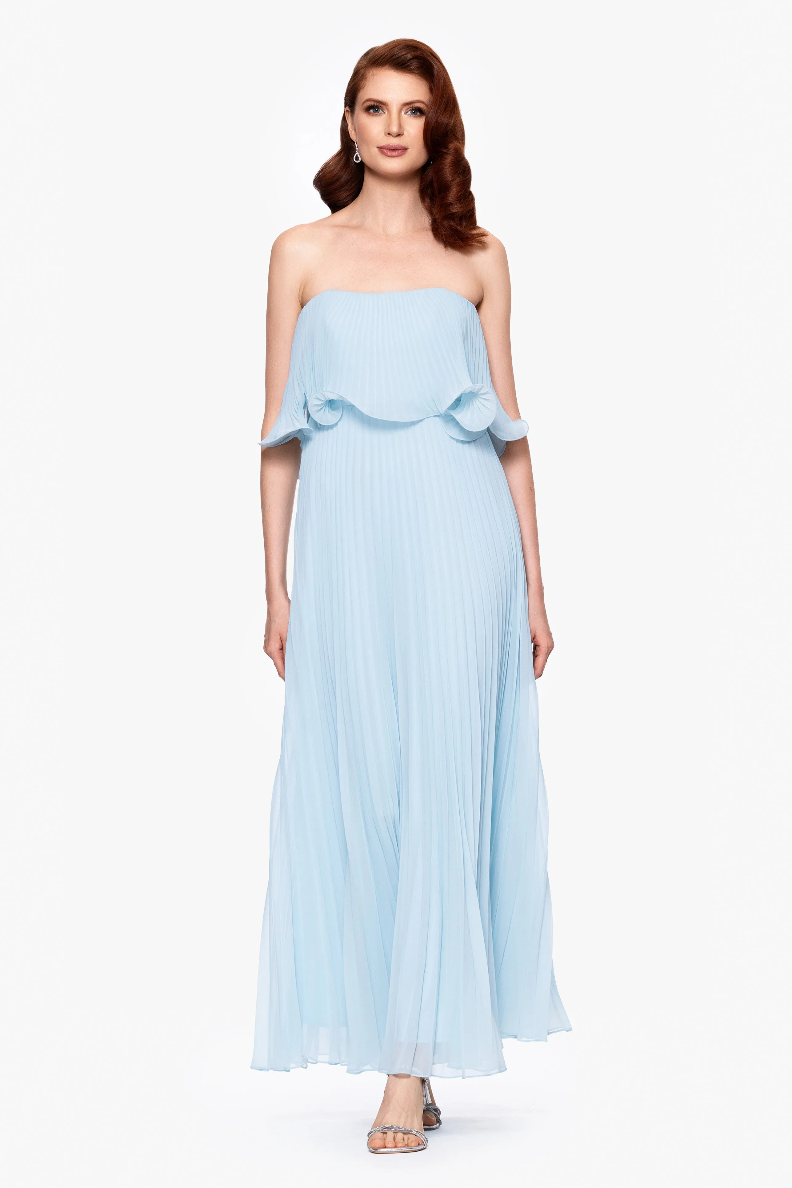 "Zoe" Strapless Chiffon Pleated Floor Length Dress sold by Betsy & Adam