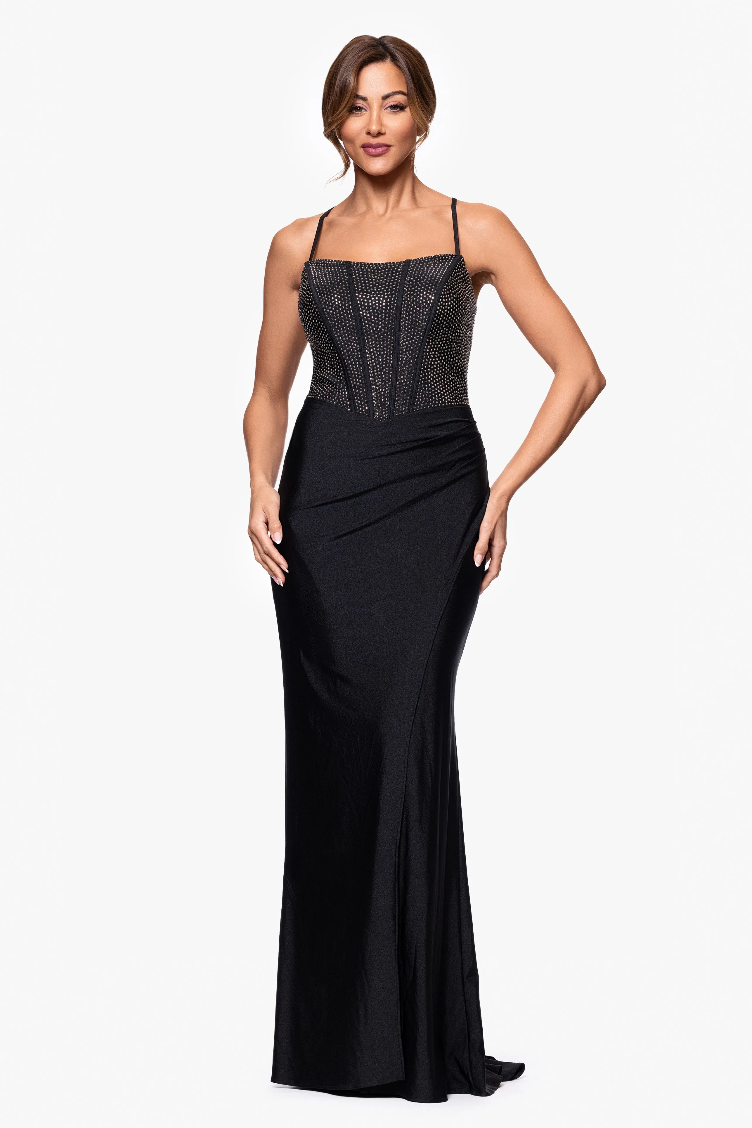 "Cara" Satin Stone Corset Floor Length Dress sold by Betsy & Adam