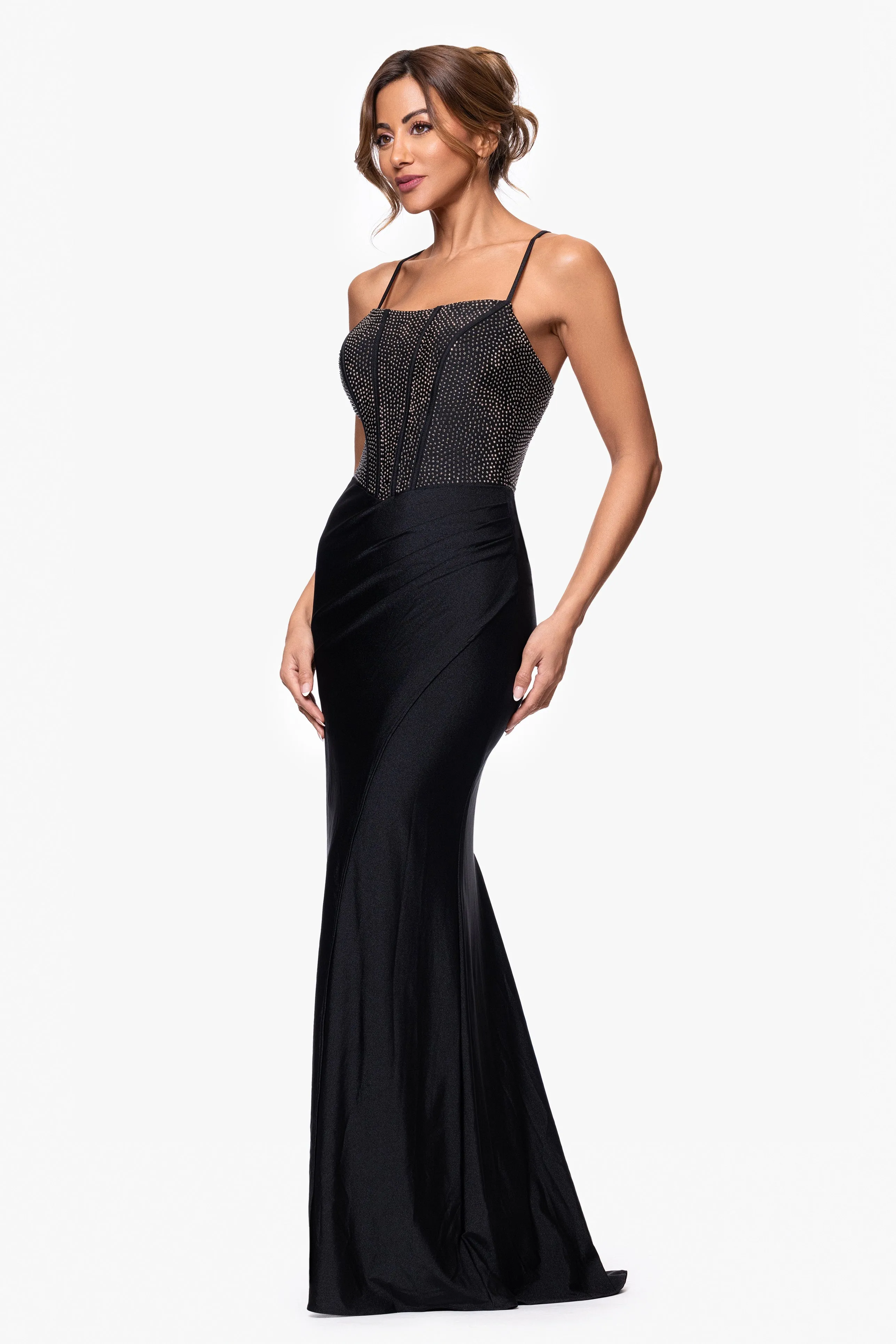 "Cara" Satin Stone Corset Floor Length Dress sold by Betsy & Adam product image thumbnail 4
